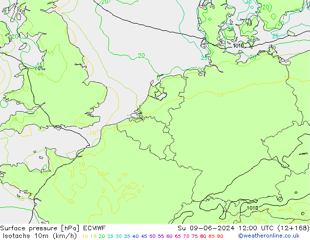 Isotachs (kph) ECMWF Su 09.06.2024 12 UTC