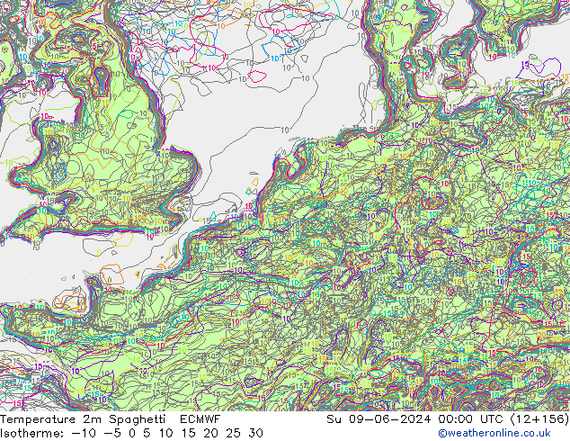 température 2m Spaghetti ECMWF dim 09.06.2024 00 UTC