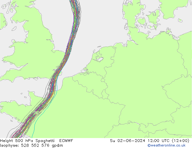 Height 500 hPa Spaghetti ECMWF Su 02.06.2024 12 UTC