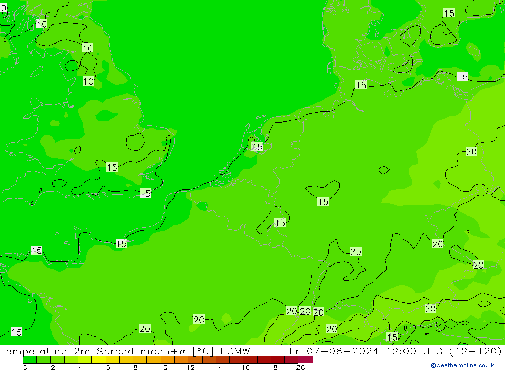 Temperature 2m Spread ECMWF Fr 07.06.2024 12 UTC