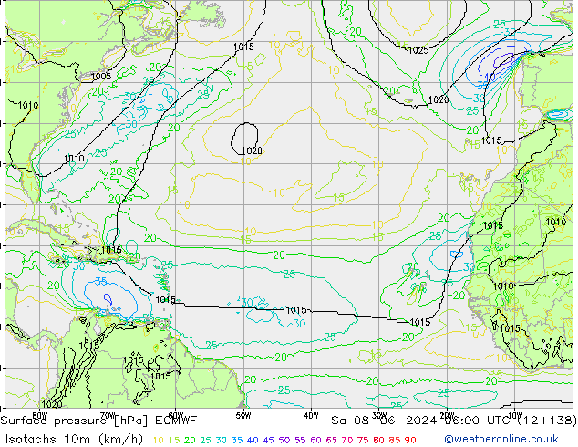 Isotachen (km/h) ECMWF za 08.06.2024 06 UTC