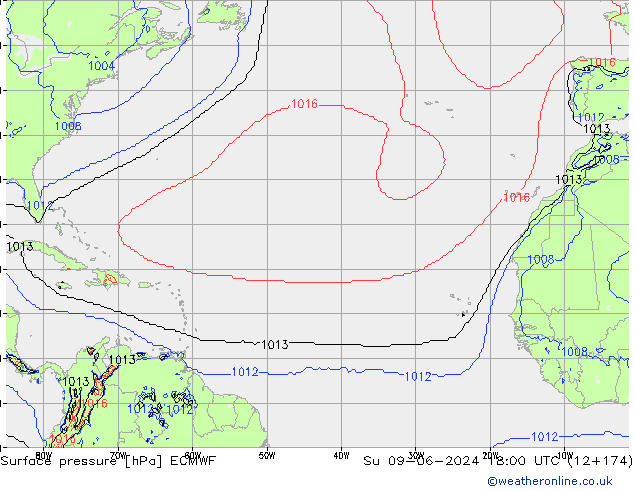 Presión superficial ECMWF dom 09.06.2024 18 UTC