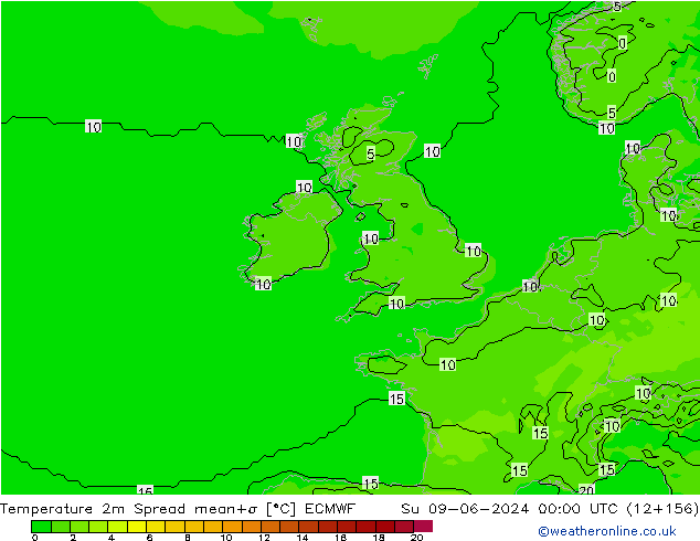 Temperature 2m Spread ECMWF Su 09.06.2024 00 UTC