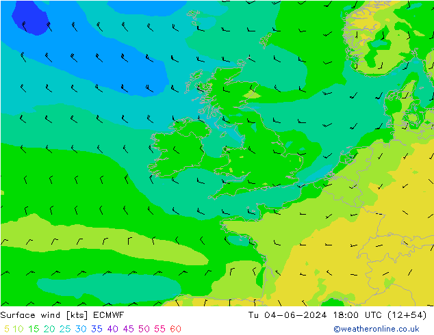 Surface wind ECMWF Tu 04.06.2024 18 UTC