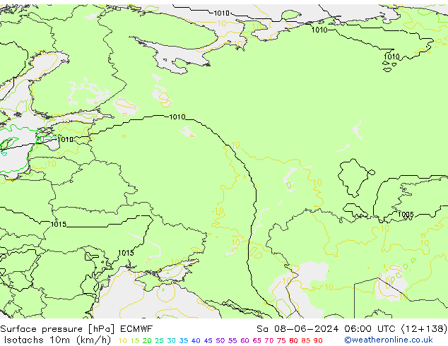 Isotachen (km/h) ECMWF Sa 08.06.2024 06 UTC