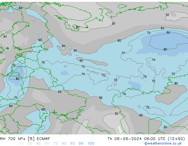 RH 700 гПа ECMWF чт 06.06.2024 06 UTC