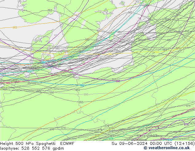 Height 500 hPa Spaghetti ECMWF Su 09.06.2024 00 UTC