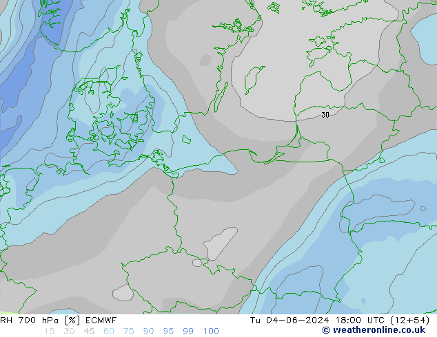 RH 700 hPa ECMWF Tu 04.06.2024 18 UTC