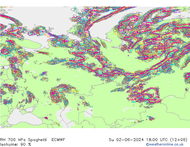 RH 700 hPa Spaghetti ECMWF dom 02.06.2024 18 UTC