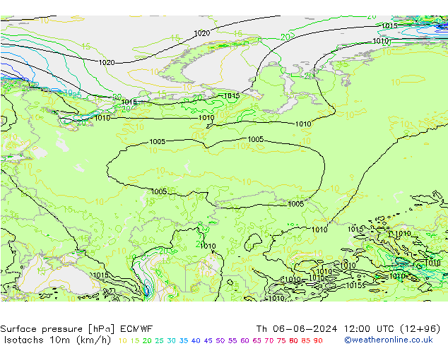 Isotachs (kph) ECMWF Th 06.06.2024 12 UTC