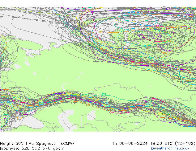 Height 500 гПа Spaghetti ECMWF чт 06.06.2024 18 UTC