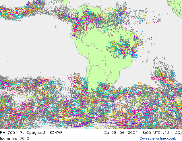 RH 700 hPa Spaghetti ECMWF Sa 08.06.2024 18 UTC