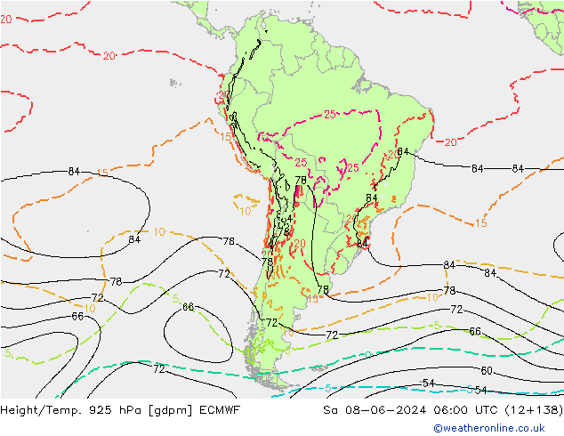 Geop./Temp. 925 hPa ECMWF sáb 08.06.2024 06 UTC