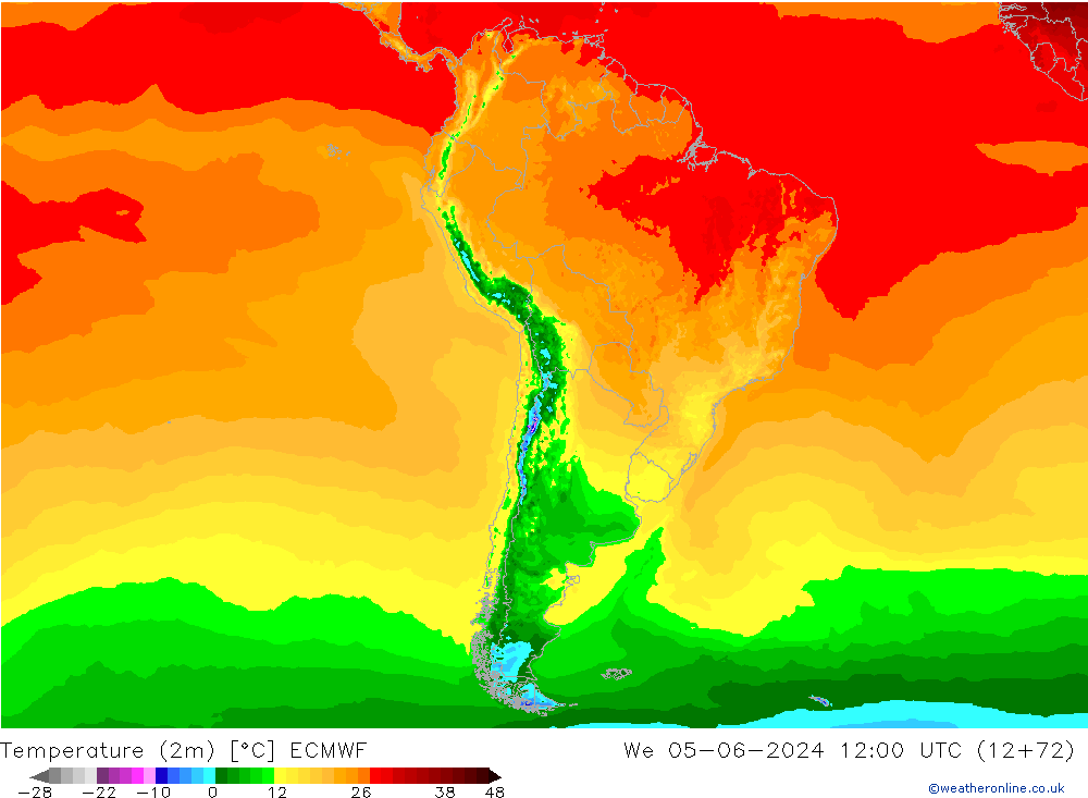 mapa temperatury (2m) ECMWF śro. 05.06.2024 12 UTC