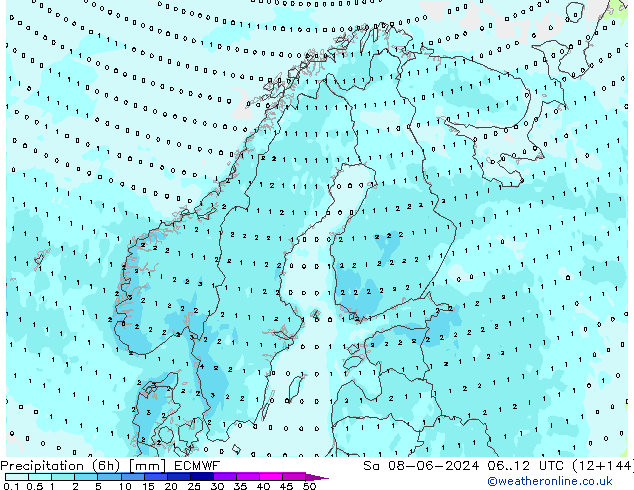 Precipitation (6h) ECMWF Sa 08.06.2024 12 UTC