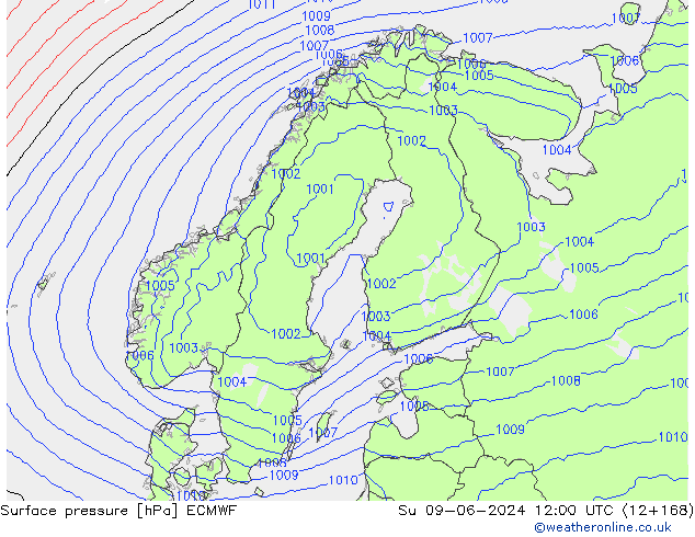 Presión superficial ECMWF dom 09.06.2024 12 UTC