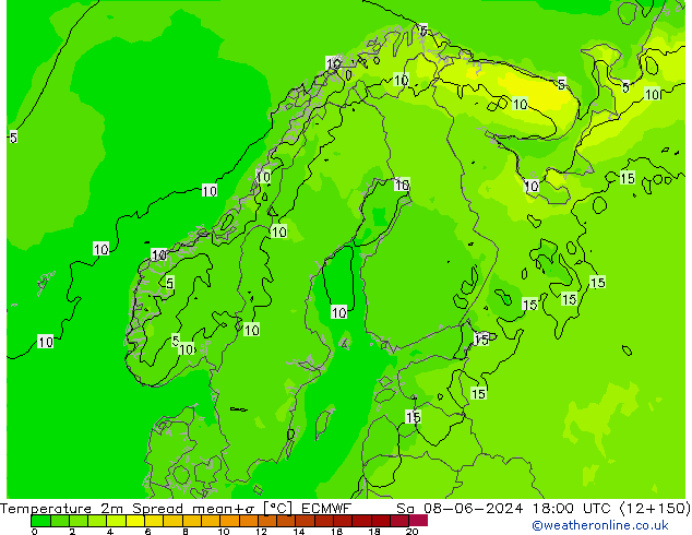 Temperature 2m Spread ECMWF Sa 08.06.2024 18 UTC