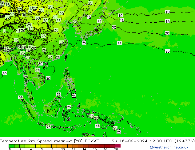 Temperatura 2m Spread ECMWF Dom 16.06.2024 12 UTC