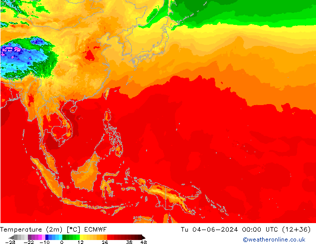 Temperatuurkaart (2m) ECMWF di 04.06.2024 00 UTC