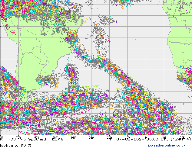 RH 700 hPa Spaghetti ECMWF Fr 07.06.2024 06 UTC