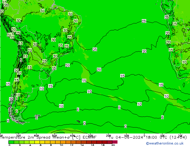 Temperatura 2m Spread ECMWF Ter 04.06.2024 18 UTC