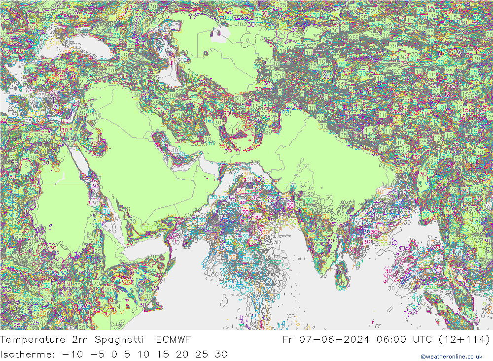 Temperatura 2m Spaghetti ECMWF vie 07.06.2024 06 UTC