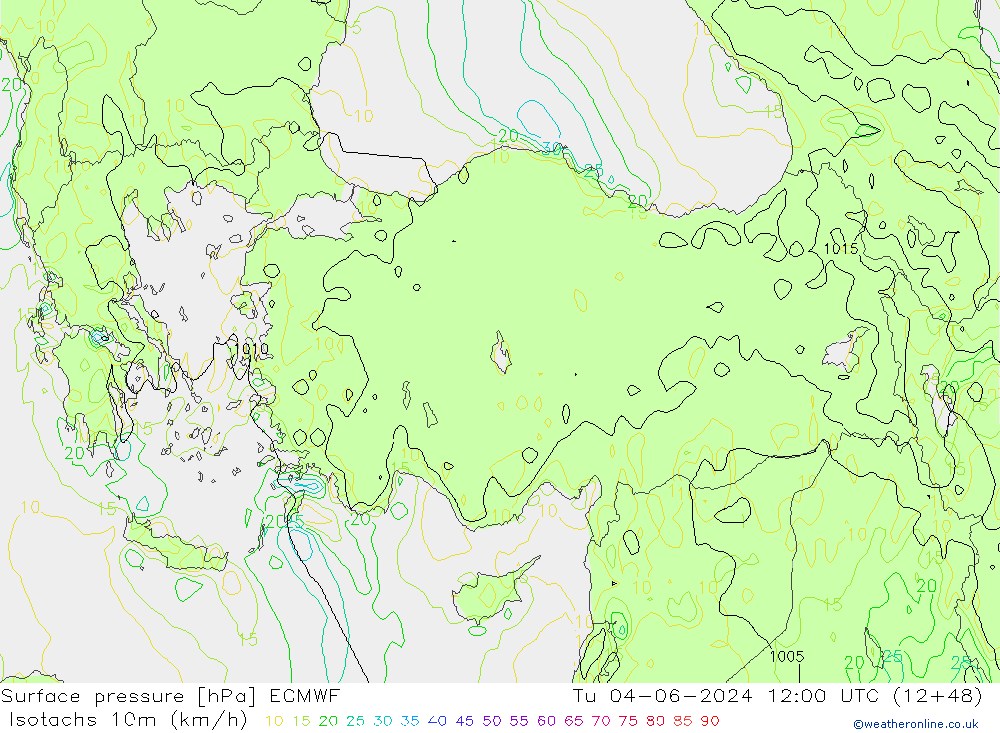 Isotachs (kph) ECMWF вт 04.06.2024 12 UTC