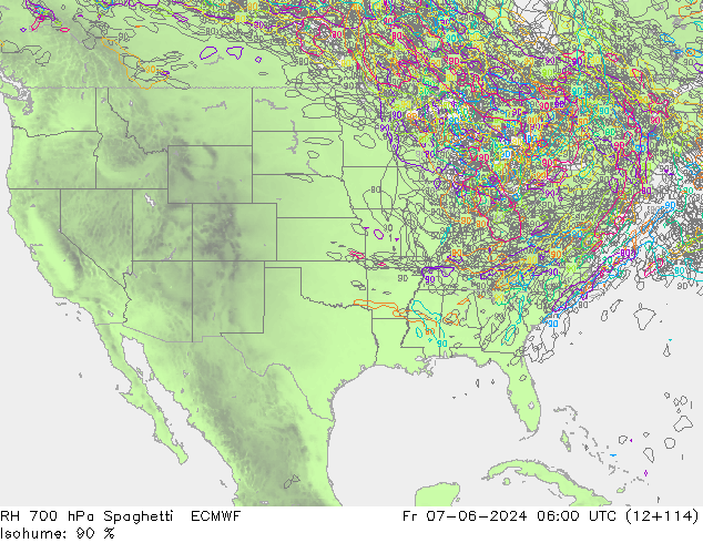 RH 700 hPa Spaghetti ECMWF Pá 07.06.2024 06 UTC