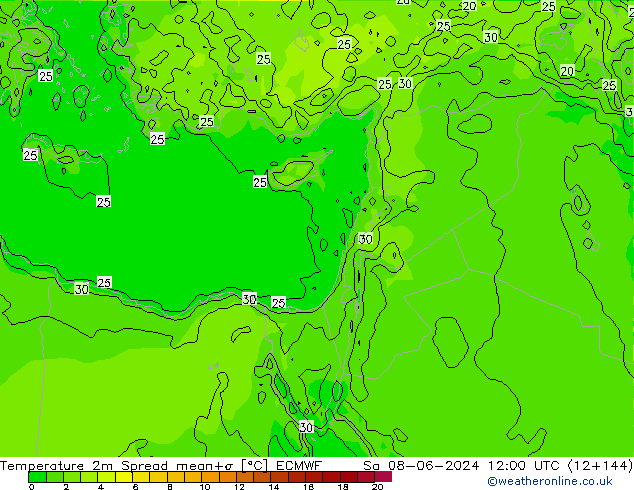 Temperatura 2m Spread ECMWF sáb 08.06.2024 12 UTC
