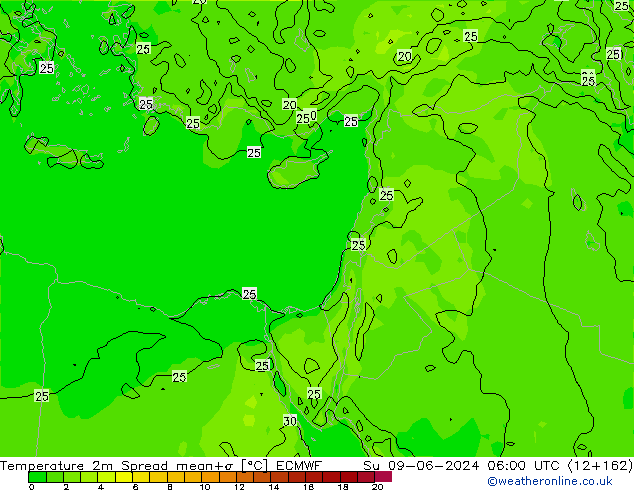 température 2m Spread ECMWF dim 09.06.2024 06 UTC