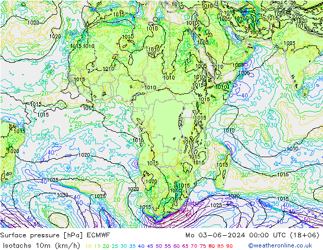 Isotachs (kph) ECMWF  03.06.2024 00 UTC