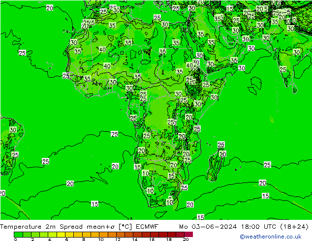 Sıcaklık Haritası 2m Spread ECMWF Pzt 03.06.2024 18 UTC