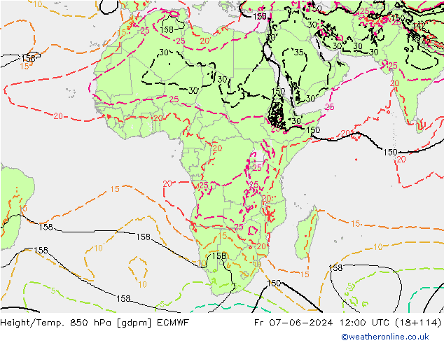 Height/Temp. 850 гПа ECMWF пт 07.06.2024 12 UTC