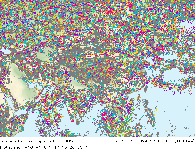 Temperatura 2m Spaghetti ECMWF sáb 08.06.2024 18 UTC