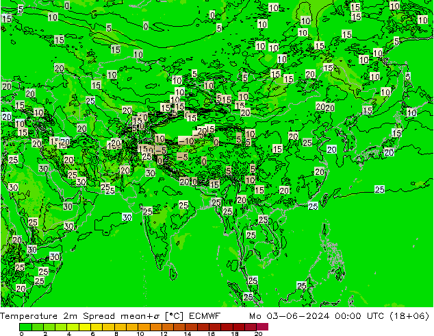 карта температуры Spread ECMWF пн 03.06.2024 00 UTC