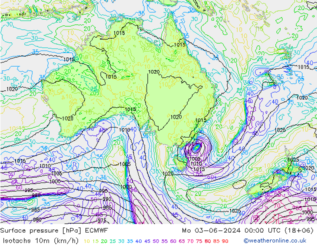 Isotachs (kph) ECMWF  03.06.2024 00 UTC