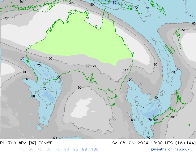 Humidité rel. 700 hPa ECMWF sam 08.06.2024 18 UTC