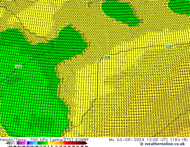 Height/Temp. 700 hPa ECMWF Mo 03.06.2024 12 UTC