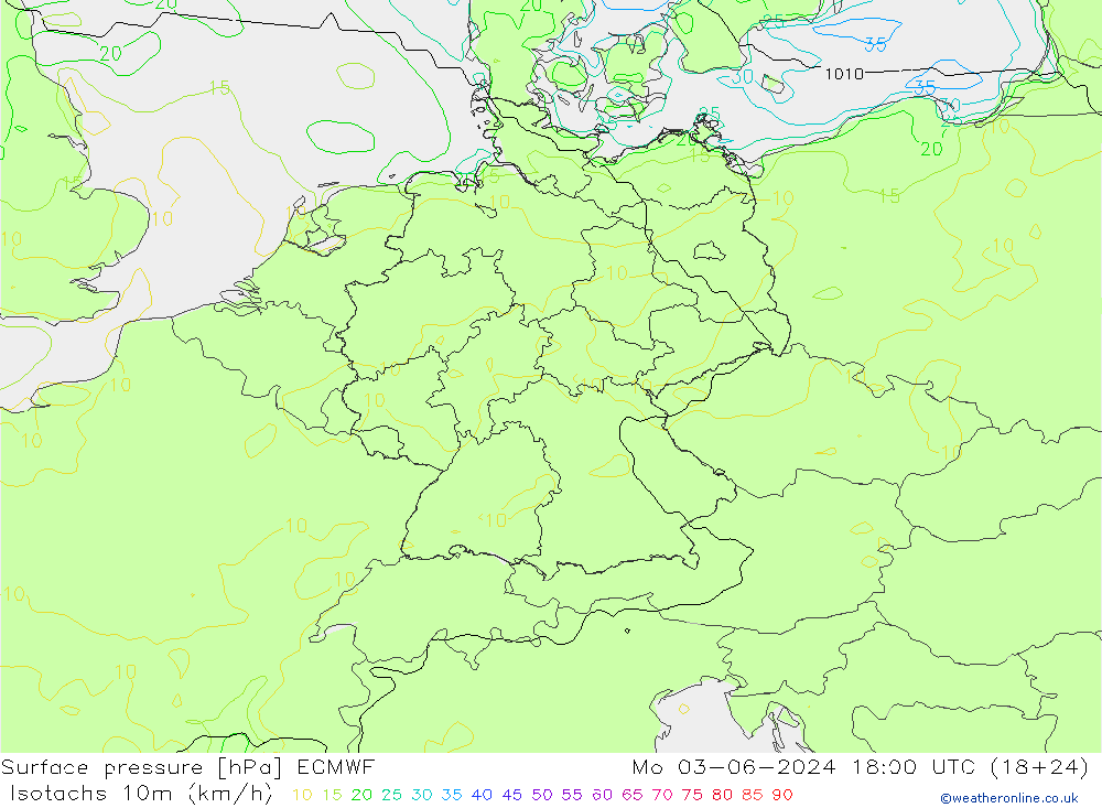 Izotacha (km/godz) ECMWF pon. 03.06.2024 18 UTC