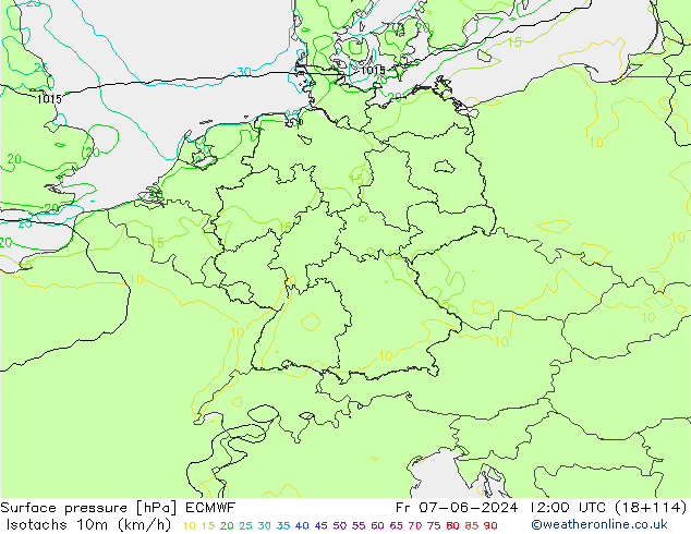 Isotachs (kph) ECMWF Fr 07.06.2024 12 UTC