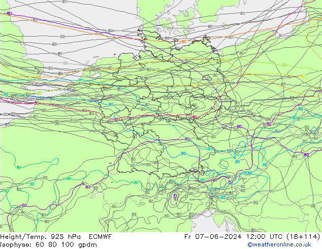 Height/Temp. 925 гПа ECMWF пт 07.06.2024 12 UTC