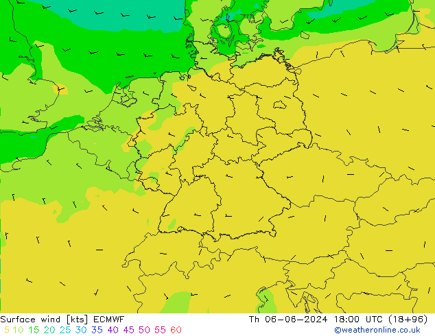 wiatr 10 m ECMWF czw. 06.06.2024 18 UTC