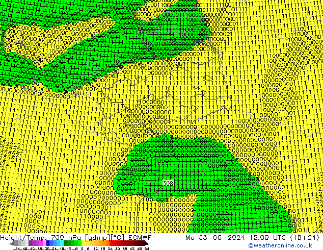 Height/Temp. 700 hPa ECMWF Mo 03.06.2024 18 UTC