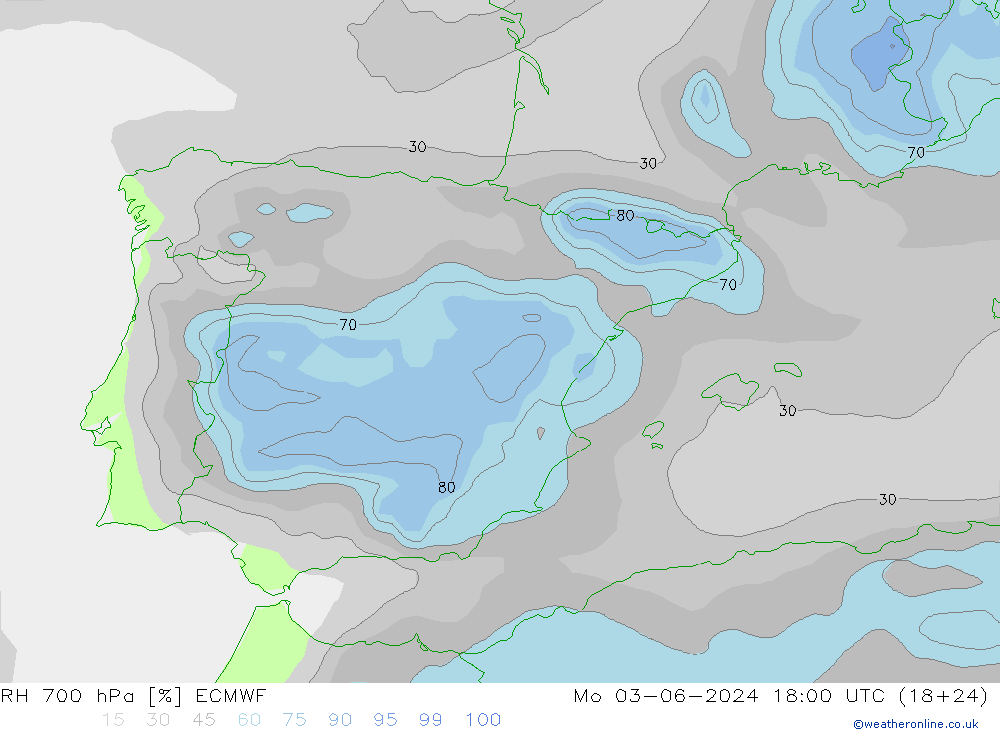 RH 700 hPa ECMWF lun 03.06.2024 18 UTC