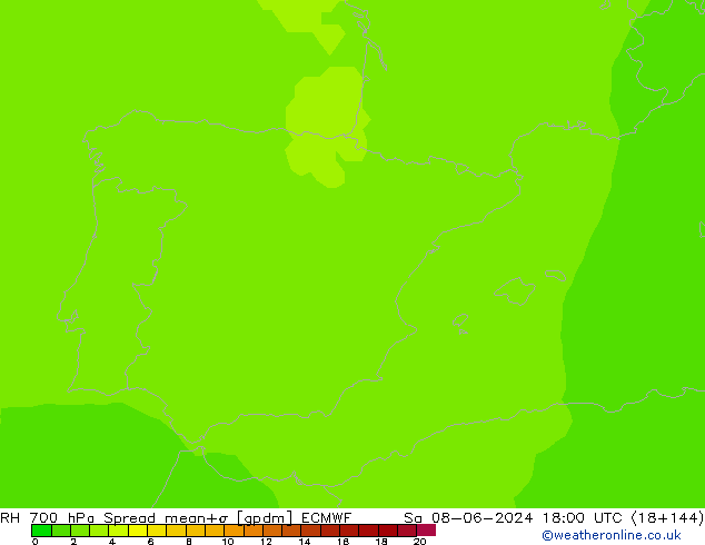 Humidité rel. 700 hPa Spread ECMWF sam 08.06.2024 18 UTC