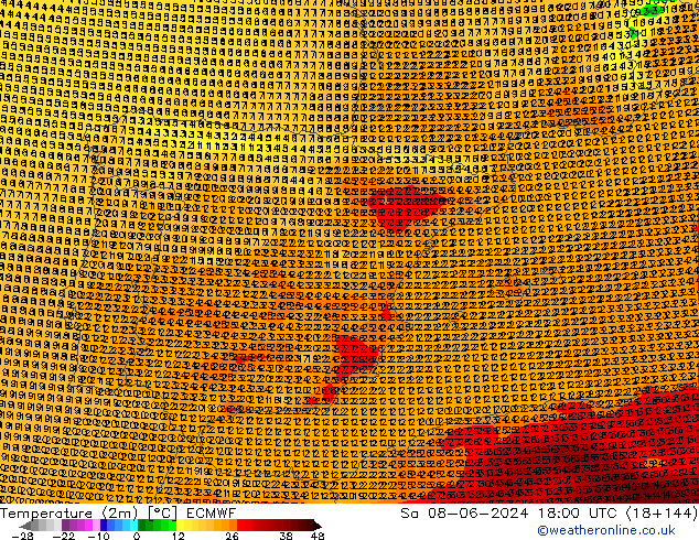mapa temperatury (2m) ECMWF so. 08.06.2024 18 UTC