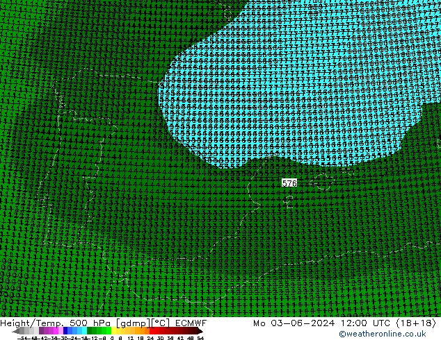 Height/Temp. 500 hPa ECMWF Mo 03.06.2024 12 UTC