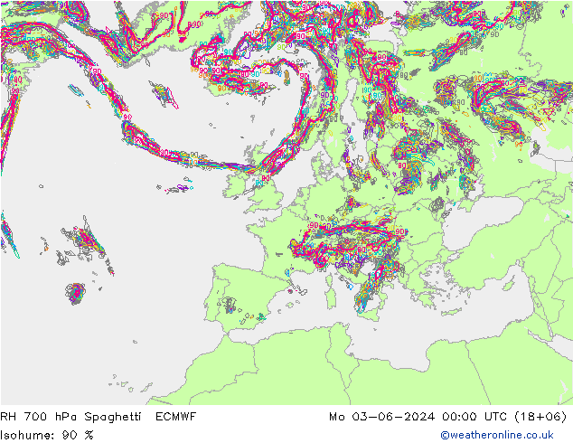 Humedad rel. 700hPa Spaghetti ECMWF lun 03.06.2024 00 UTC