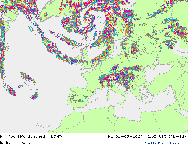 RH 700 hPa Spaghetti ECMWF Seg 03.06.2024 12 UTC
