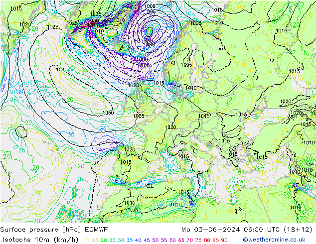 Isotachs (kph) ECMWF Po 03.06.2024 06 UTC